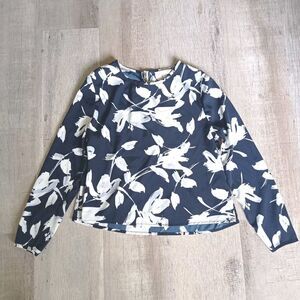 banana republic womens blouse top size XS Black Grey White floral long sleeve